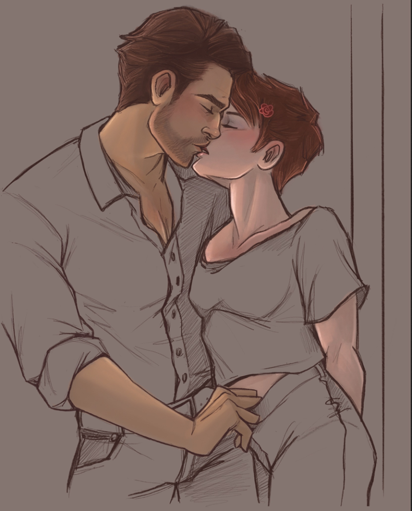 character art of a man and a woman kissing romantically